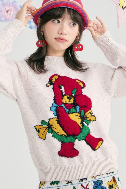 Red Cartoon Bear Raglan Pullover Sweater