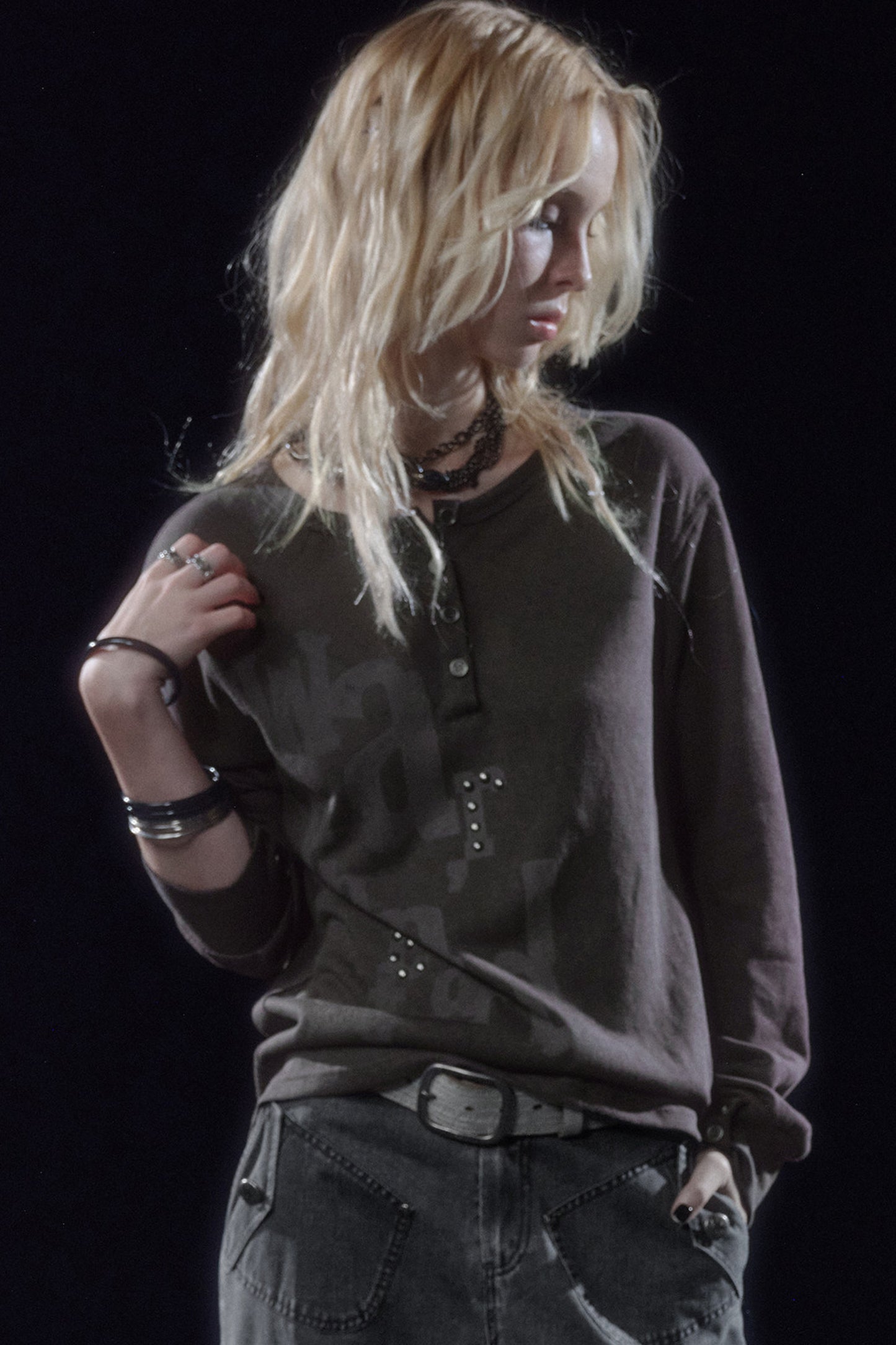 Half-Placket Printed Rhinestone Ruched Sleeve T-Shirt