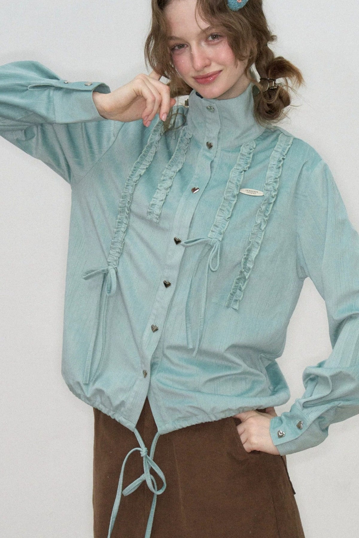 Lace Drawstring Stand Collar Shirt