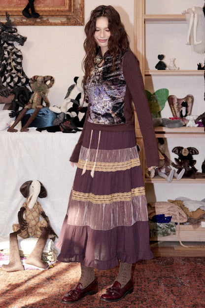 Crinkled Velvet Floral A-Line Skirt