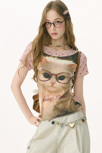 Retro Distressed Cat Print Yellow T-Shirt