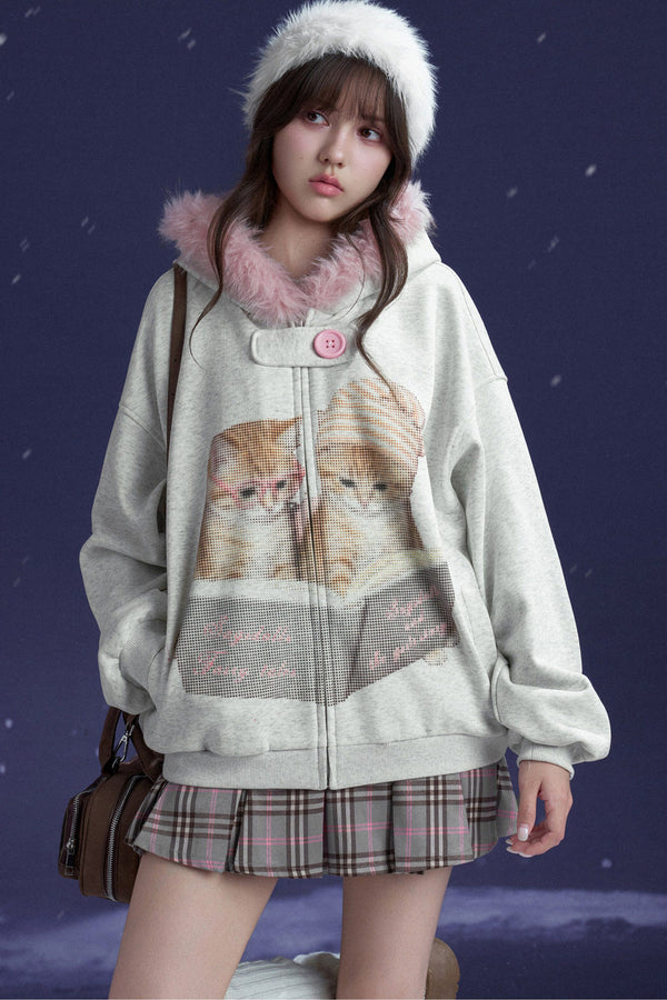 Retro Gray Pink Cat Print Hooded Jacket