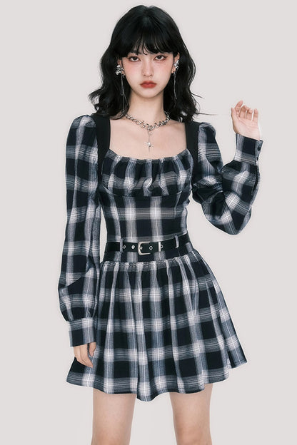 Robe à carreaux à manches longues cintrée à la taille