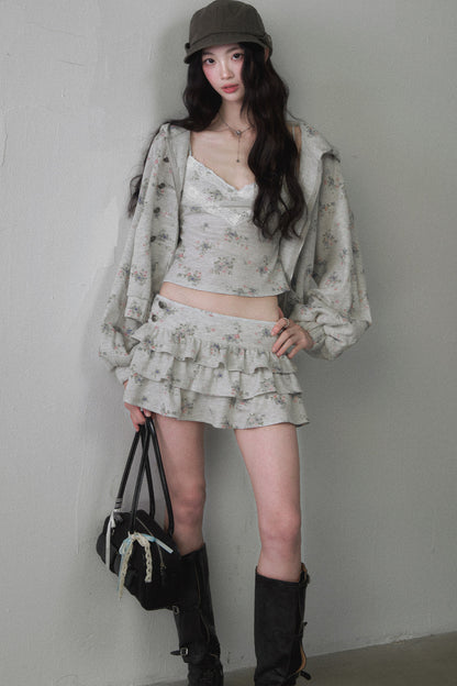 Floral Hooded Sweatshirt Camisole Ruffled Tiered Skirt Set-Up