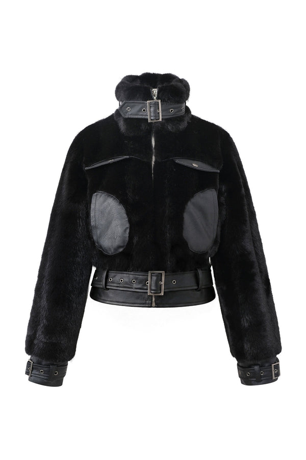 Imitation Mink Fur PU Leather Splicing Jacket