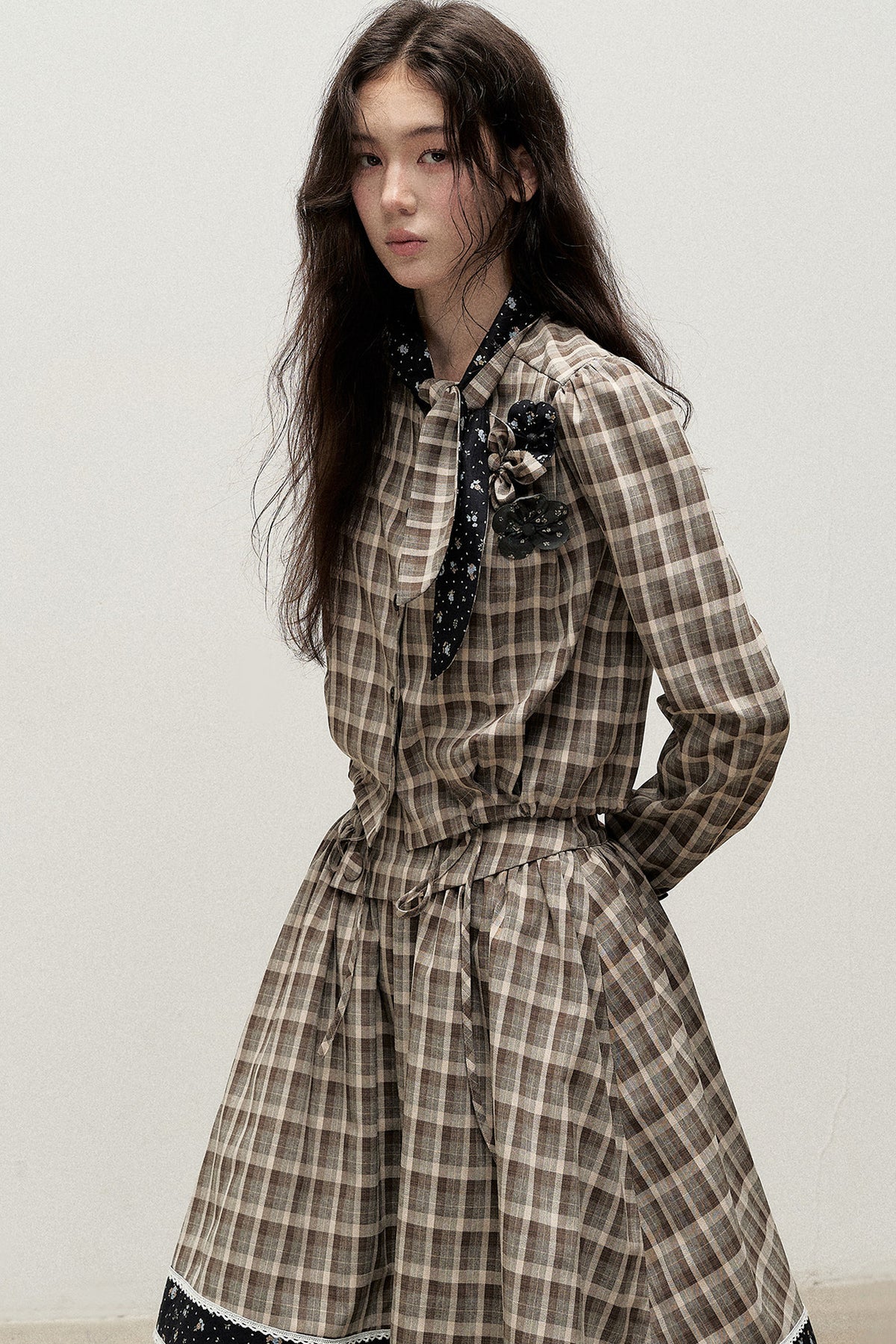 Plaid Contrast Ribbon Shirt and Skirt Set-Up
