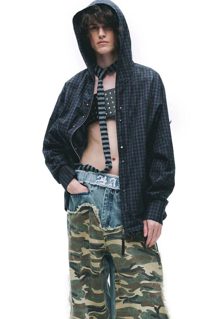 Hooded Distressed Shirt with Rivets