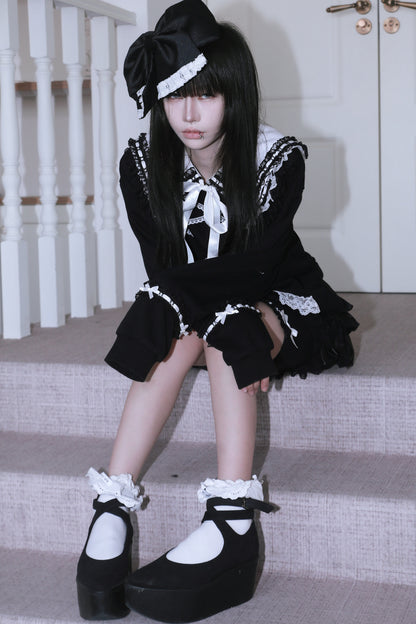 Bow Lace Trim Detachable Collar Sweatshirt and Leggings Set-Up