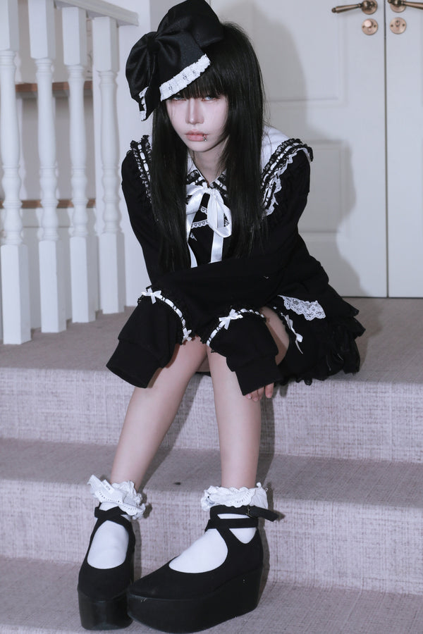 Bow Lace Trim Detachable Collar Sweatshirt and Leggings Set-Up