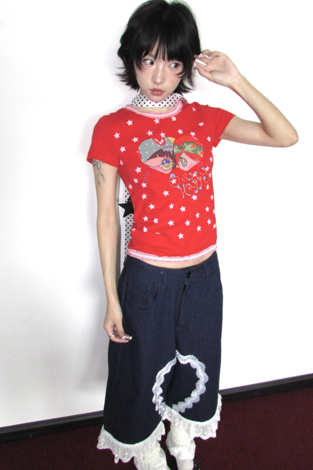 Bird Graphic Lace Trim T-Shirt