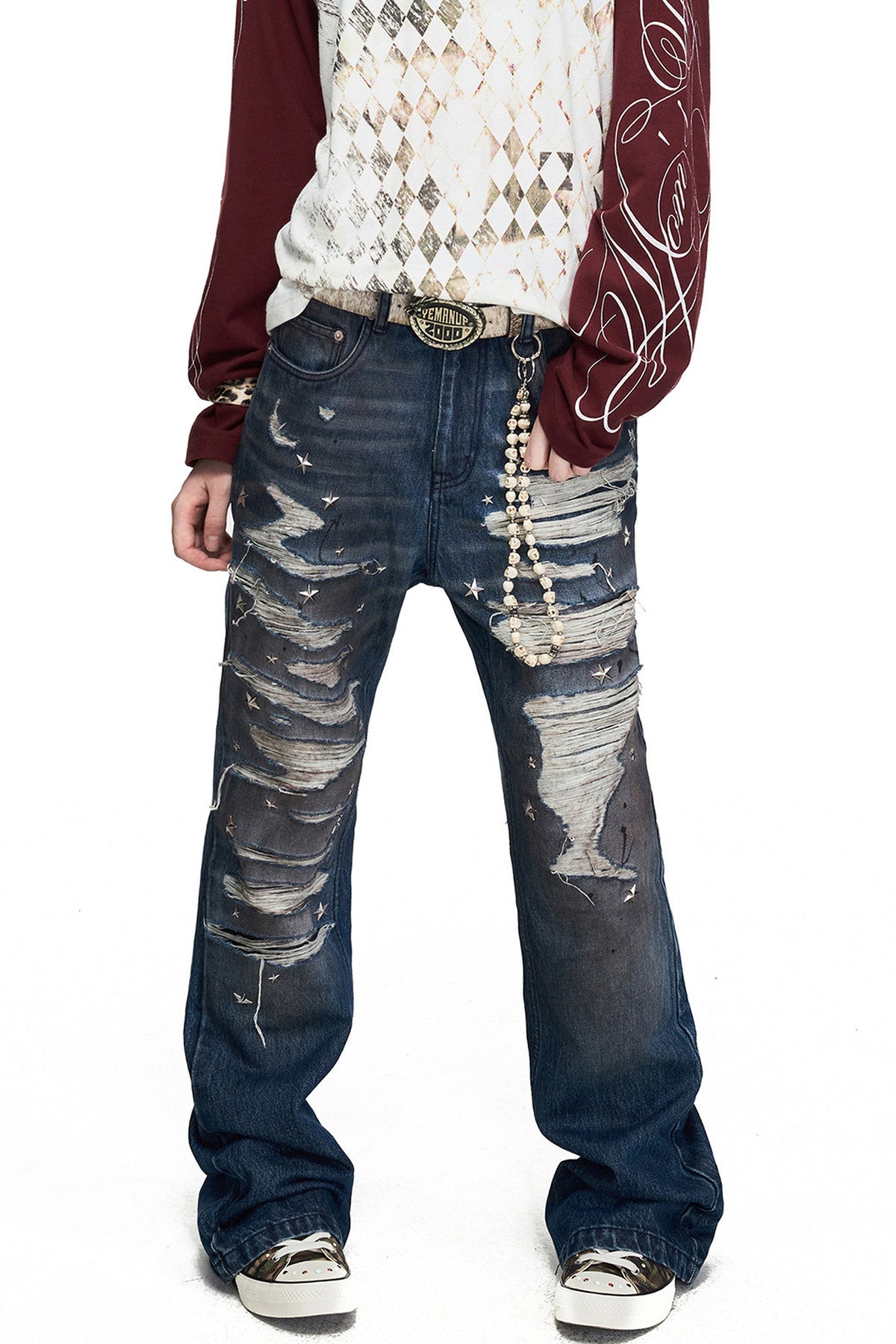 Star Stud Embroidered Washed Ripped Flared Jeans