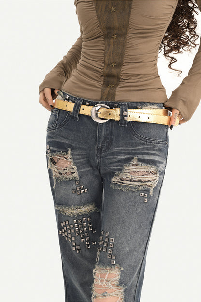 Studded Ripped Straight Jeans