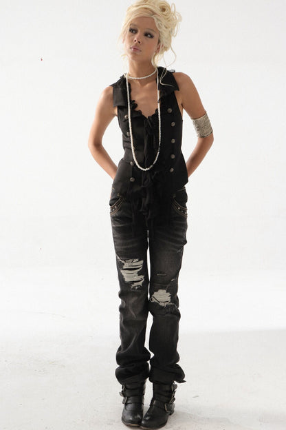 Vintage Patchwork Suit-Style Ruffle Sleeveless Vest