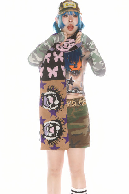 Comic Eye Knitted Long Scarf Set-Up