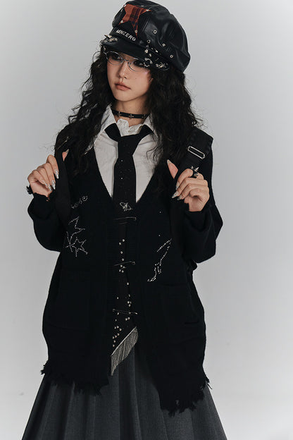 Irregular Ripped Pin V-Neck Knitted Cardigan