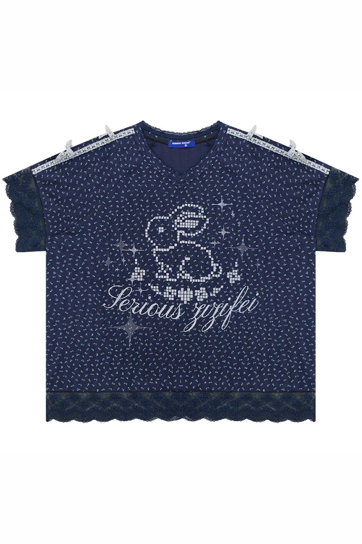 Dark Blue Floral Lace V-Neck T-Shirt