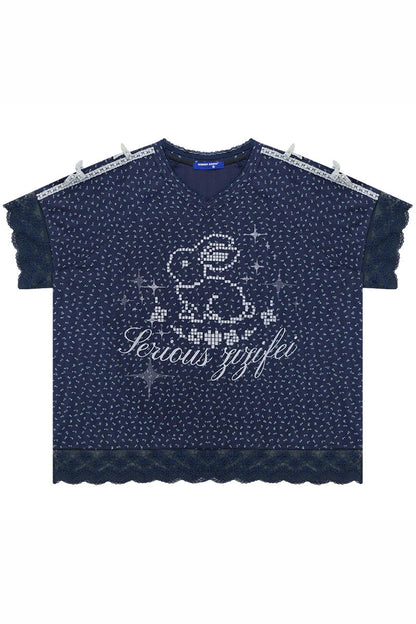 Dark Blue Floral Lace V-Neck T-Shirt