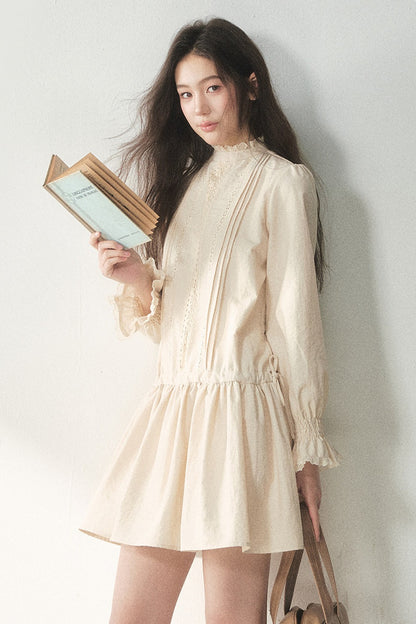 Lace High Collar Ruffle Dress