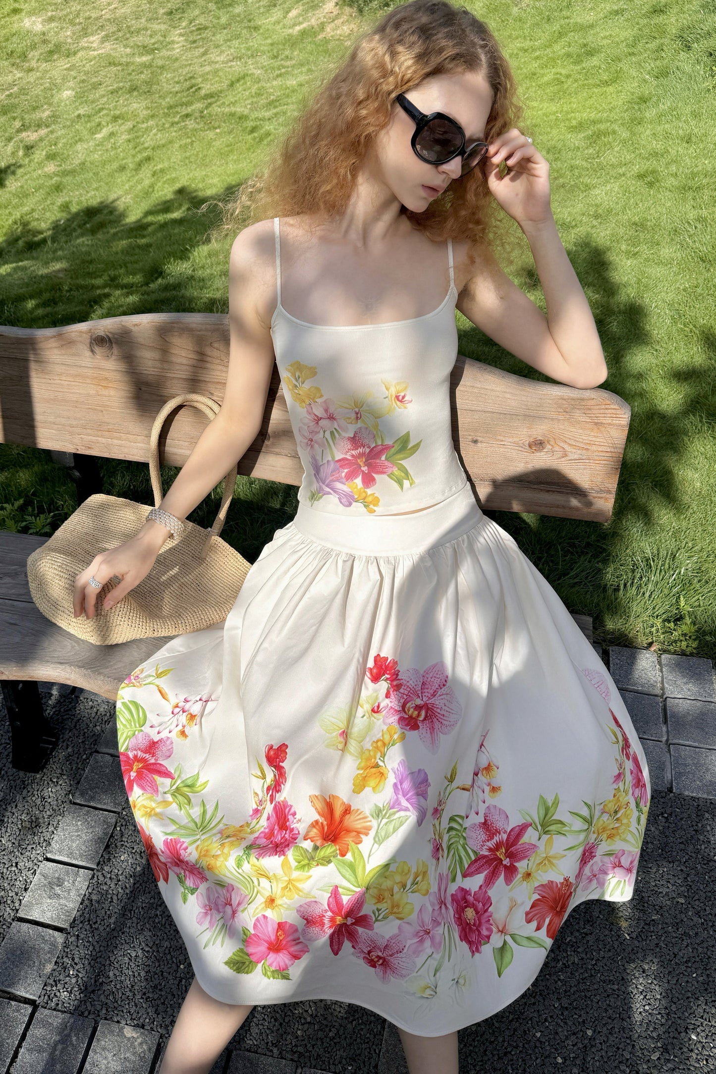 Retro Tencel Printed Camisole Skirt Set-Up