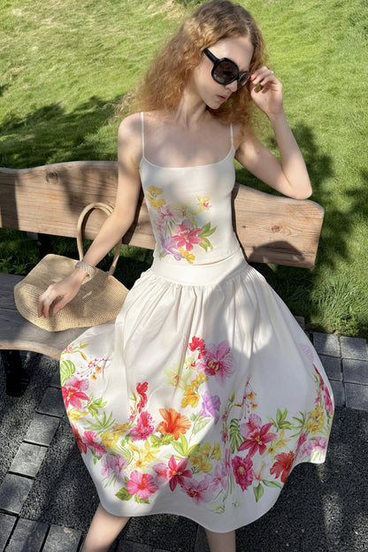 Retro Tencel Printed Camisole Skirt Set-Up