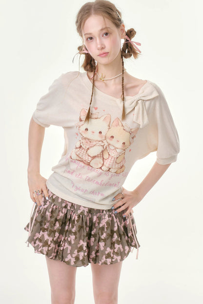 Playful Cat Print Bow Top