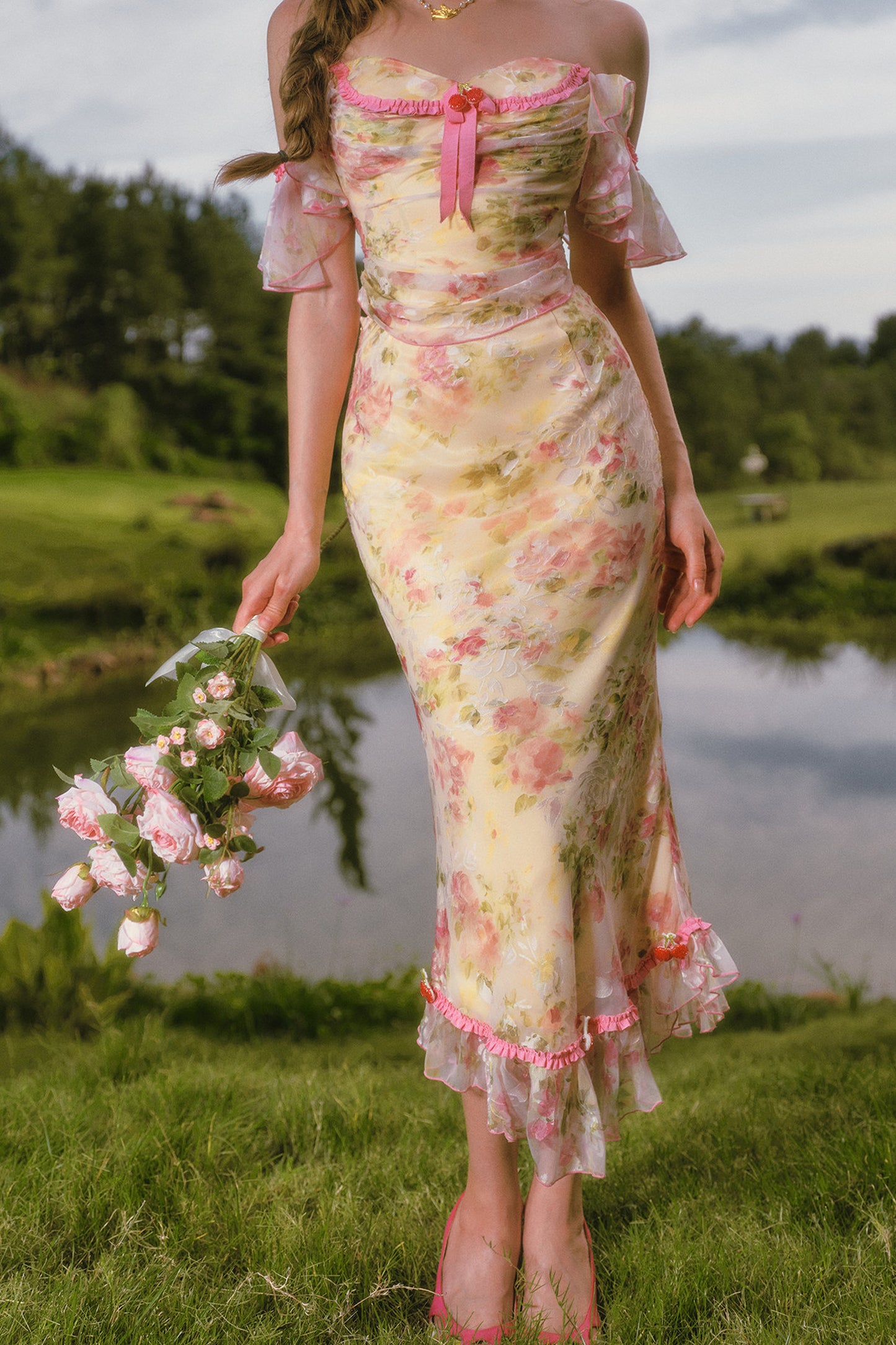 Floral Off-Shoulder Fishbone Corset Top and Skirt Set-Up