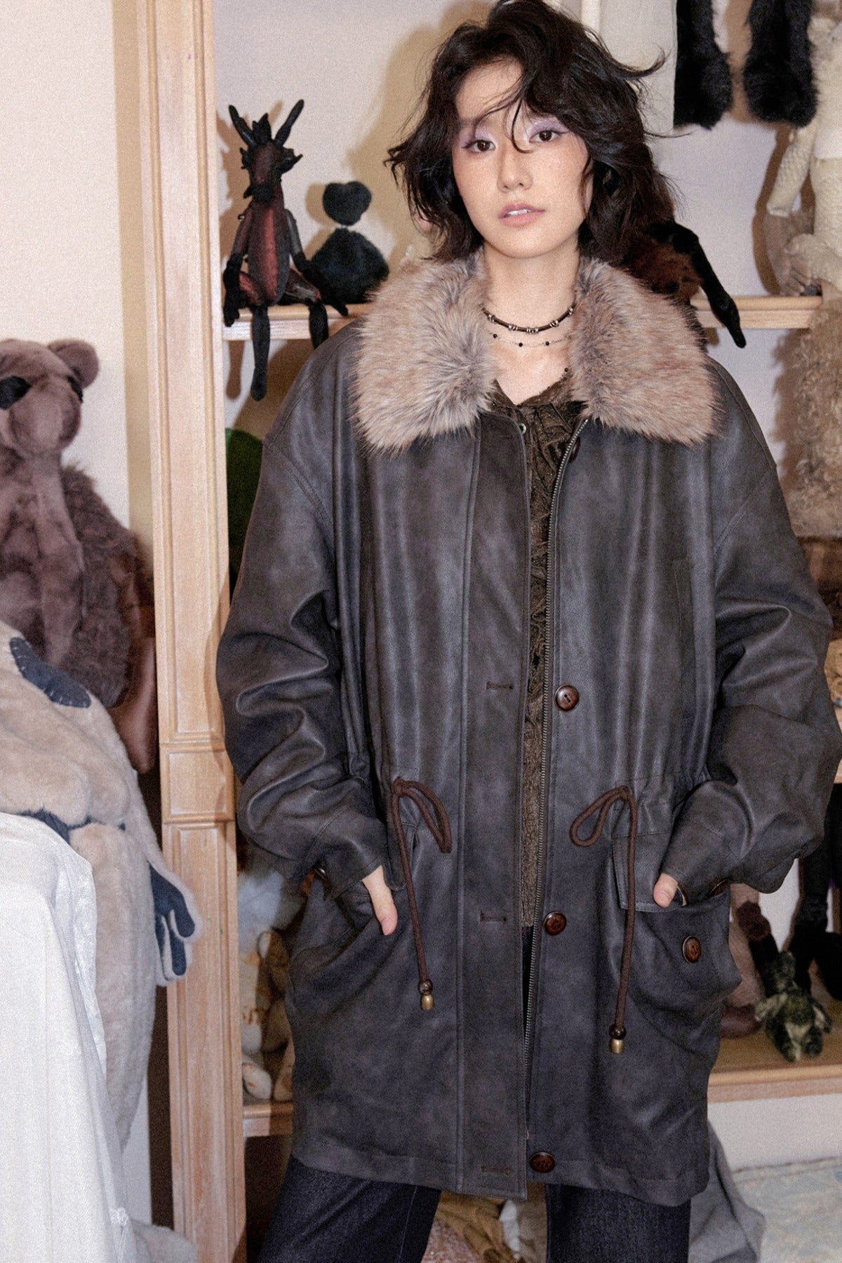 Fleece-Lined Detachable Fur Collar Leather Jacket