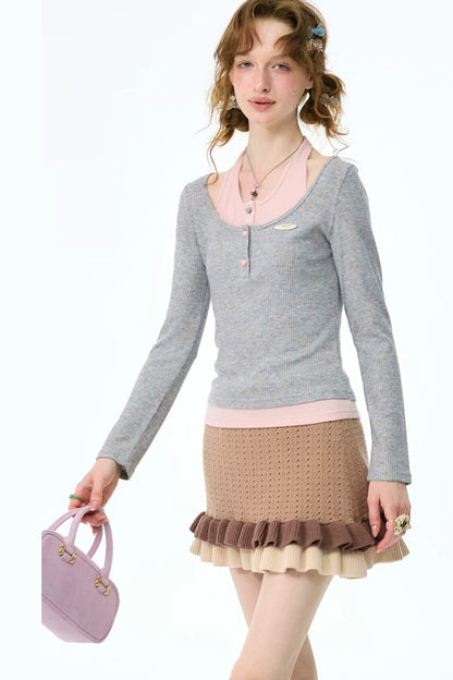 Layered-Look Long Sleeve Knit Top