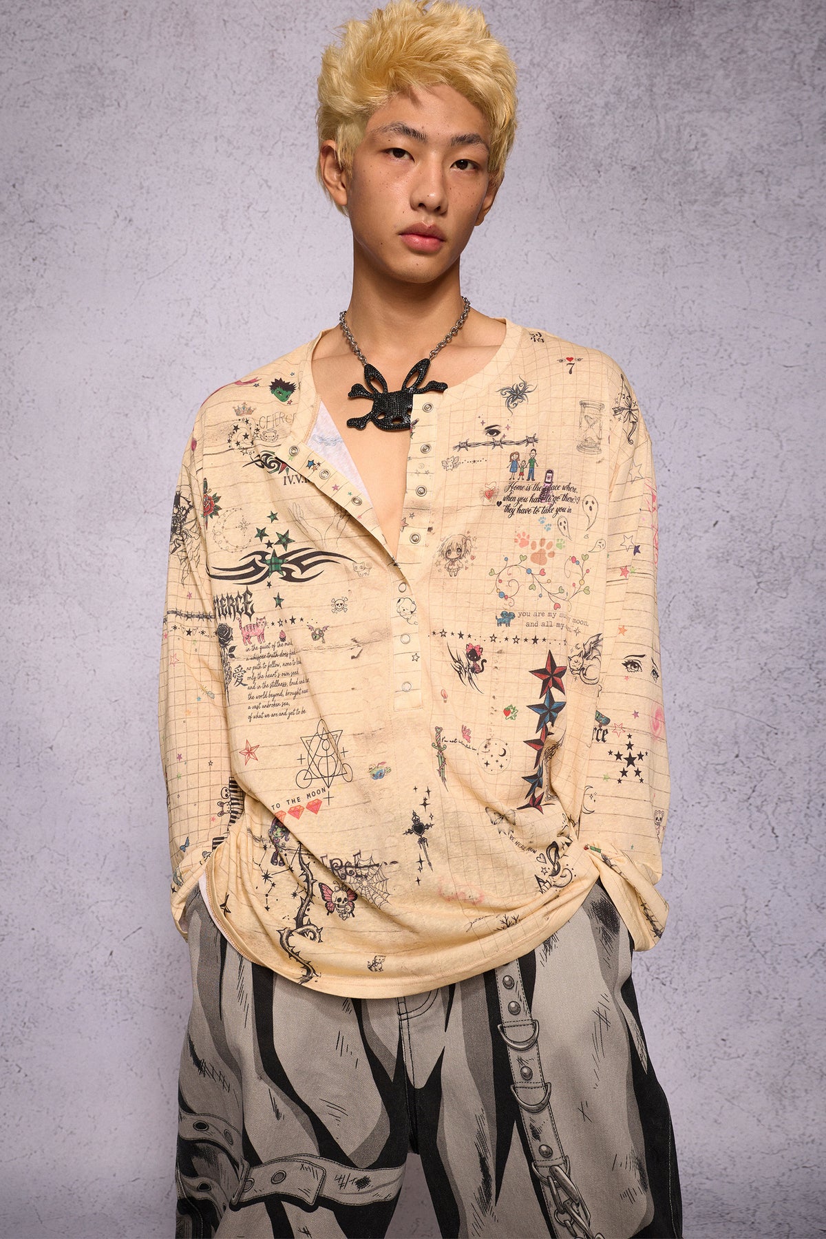 Manuscript Print Long Sleeve Open Front Shirt