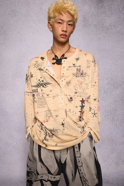 Manuscript Print Long Sleeve Open Front Shirt