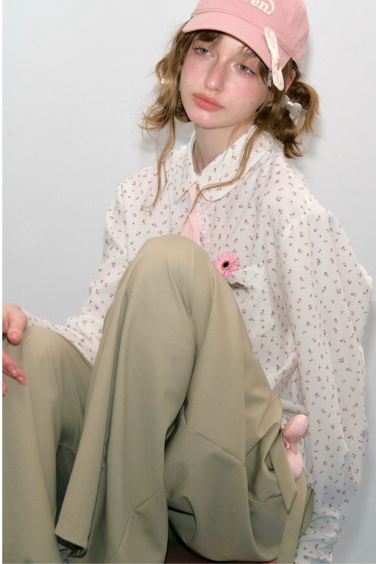 Lace-Up Doll Collar Floral Shirt