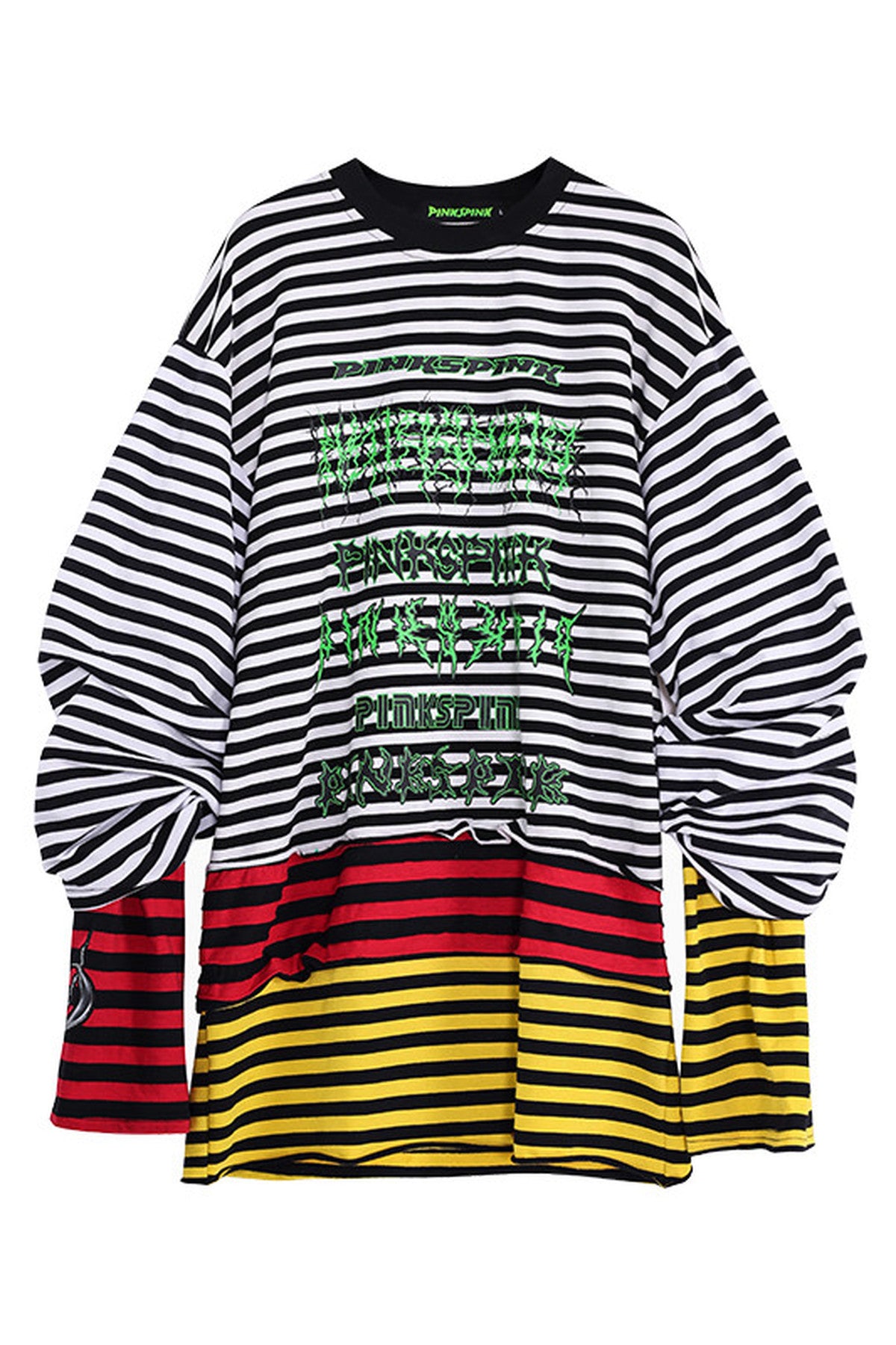 Stacked Stripes Patchwork Staggered Letter Print T-Shirt
