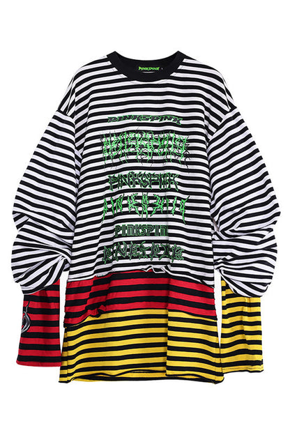 Stacked Stripes Patchwork Staggered Letter Print T-Shirt