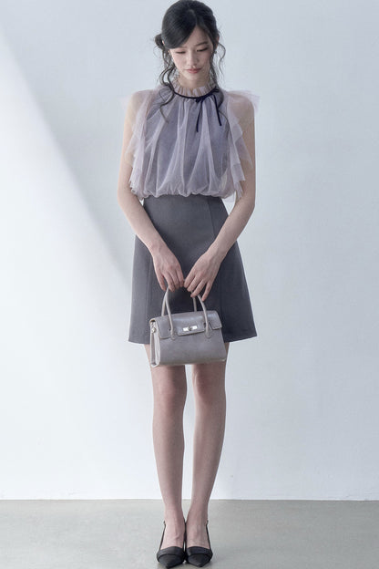 Pleated Mesh Flutter Sleeve Layered-Look Dress