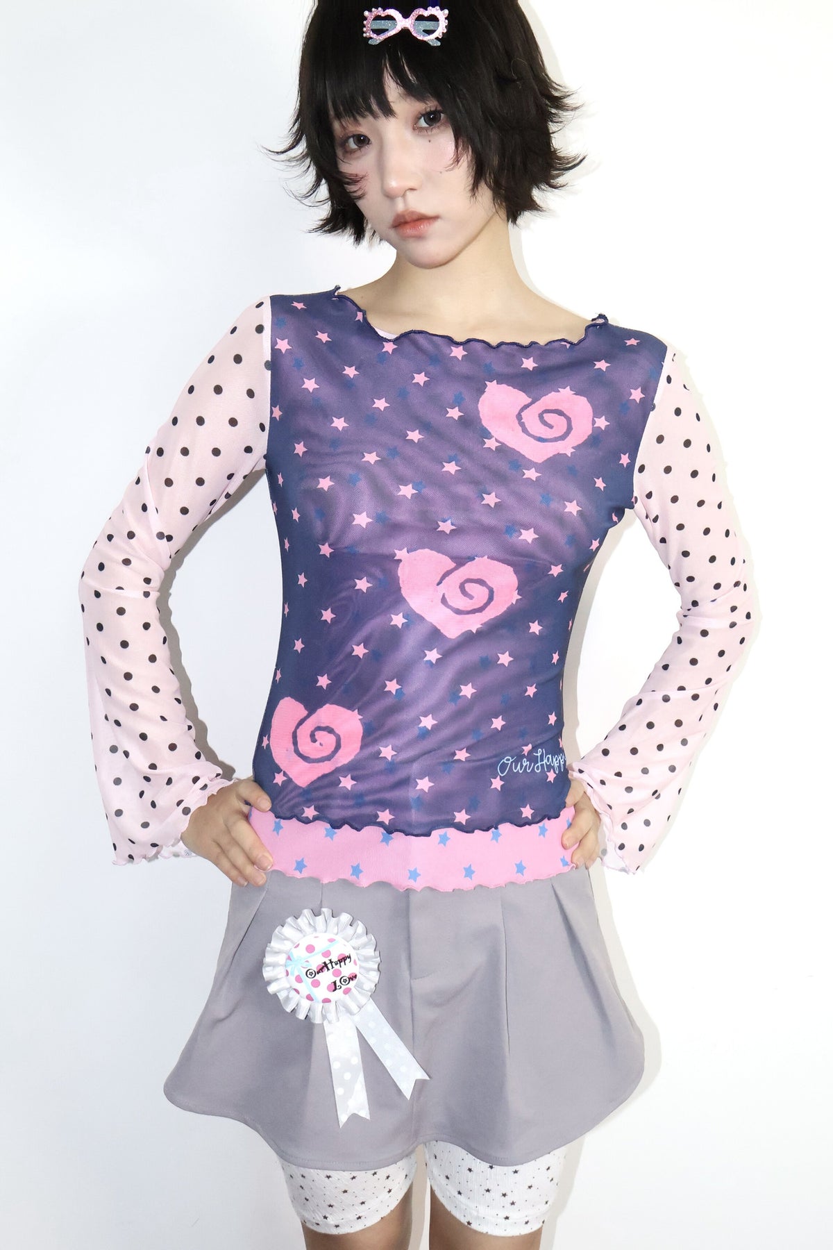 Polka Dot Bell Sleeve Mesh Top