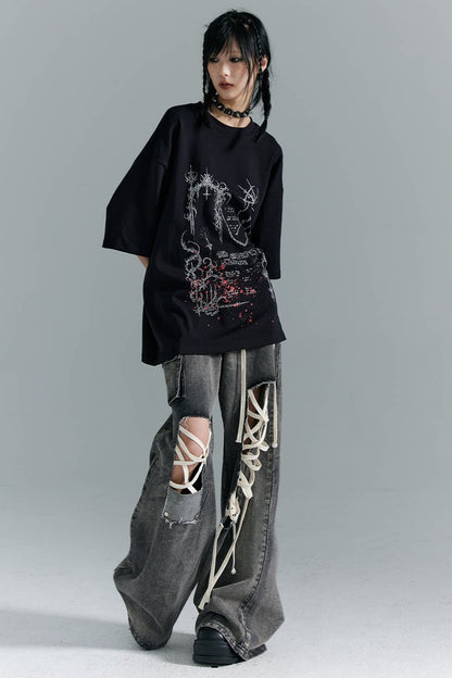 디스트레스드 로우웨이스트 레이스업 와이드 레그 청바지