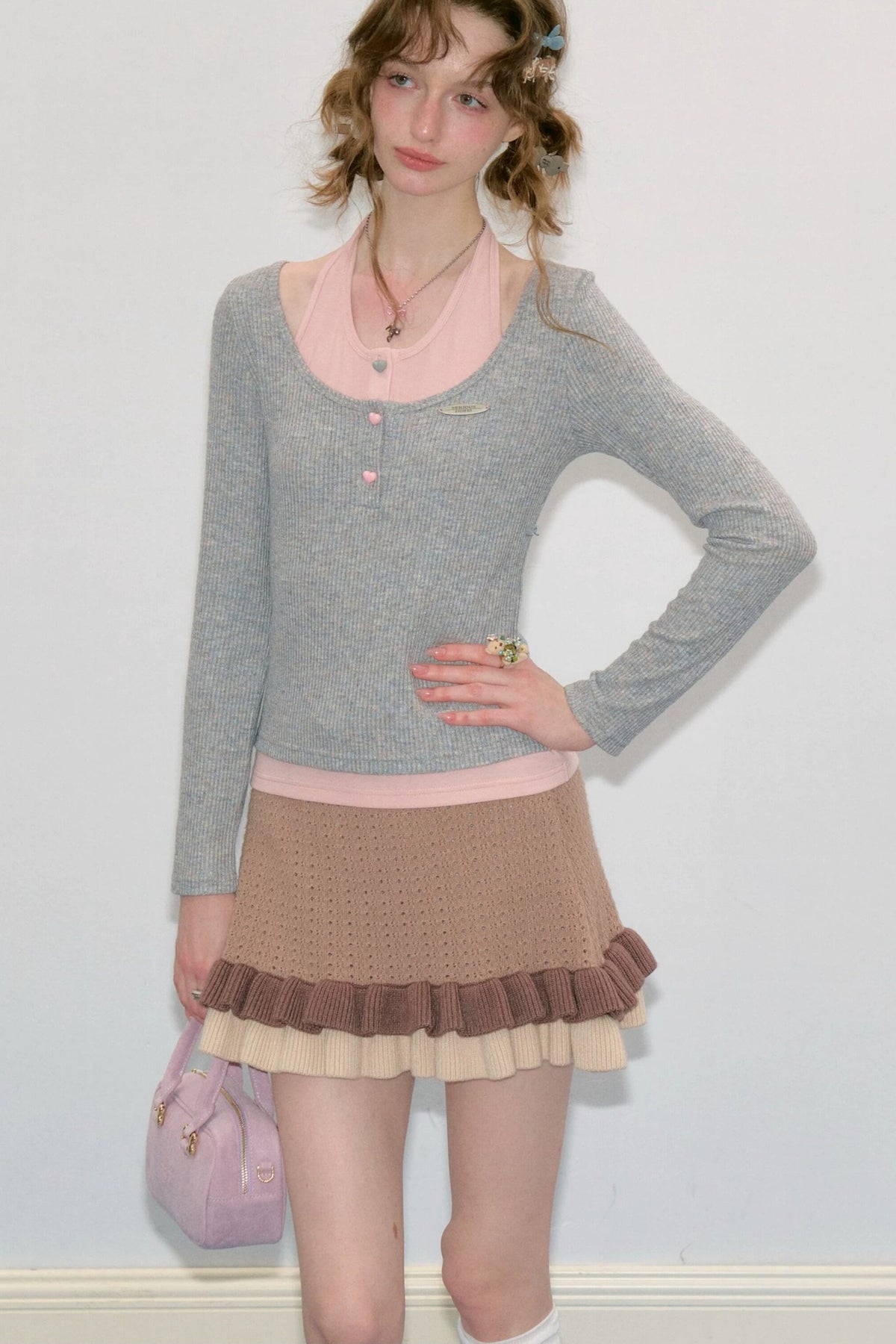 Layered-Look Long Sleeve Knit Top