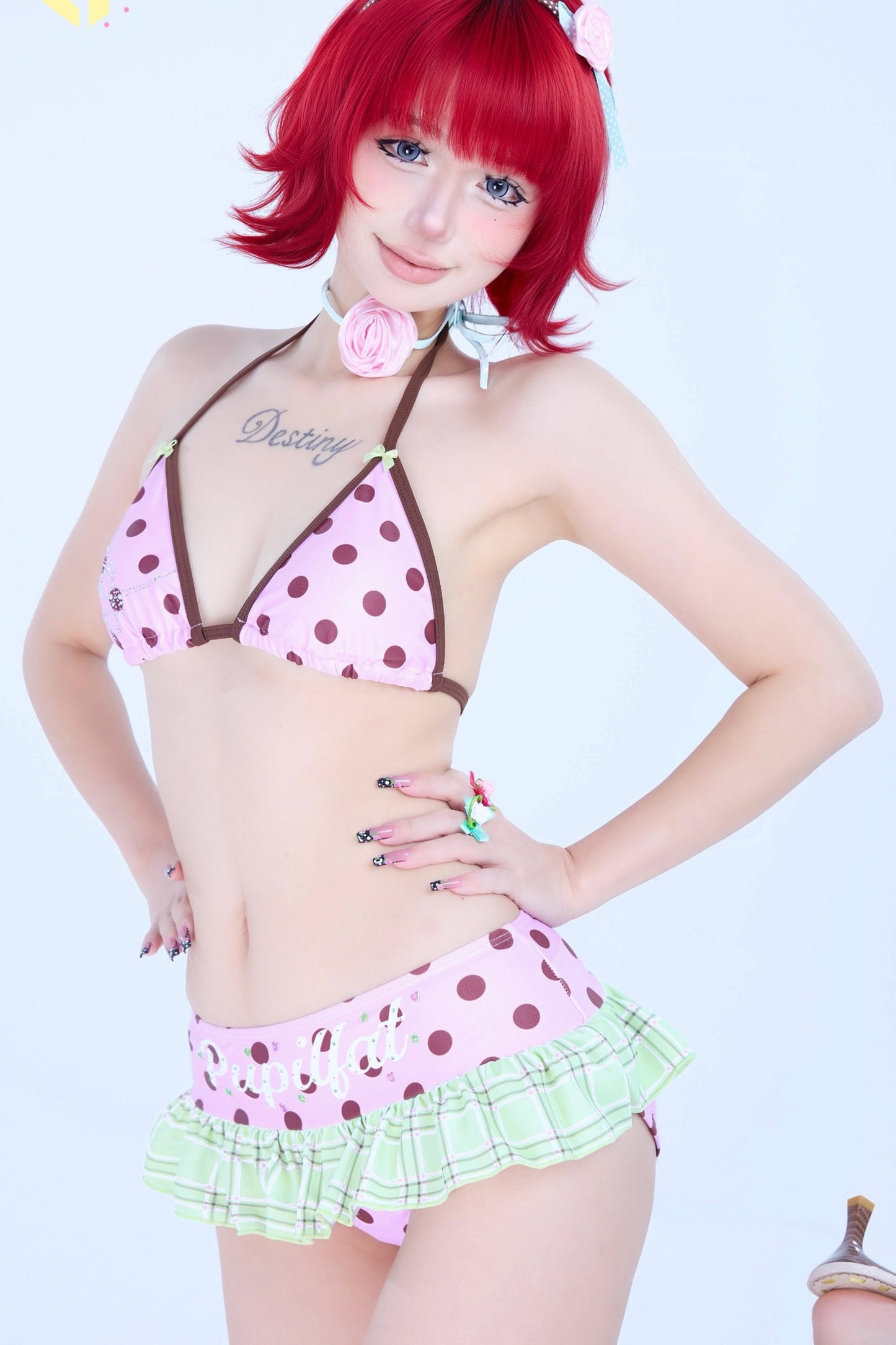 Pink Brown Polka Dot Rhinestone Ruffle Swimsuit