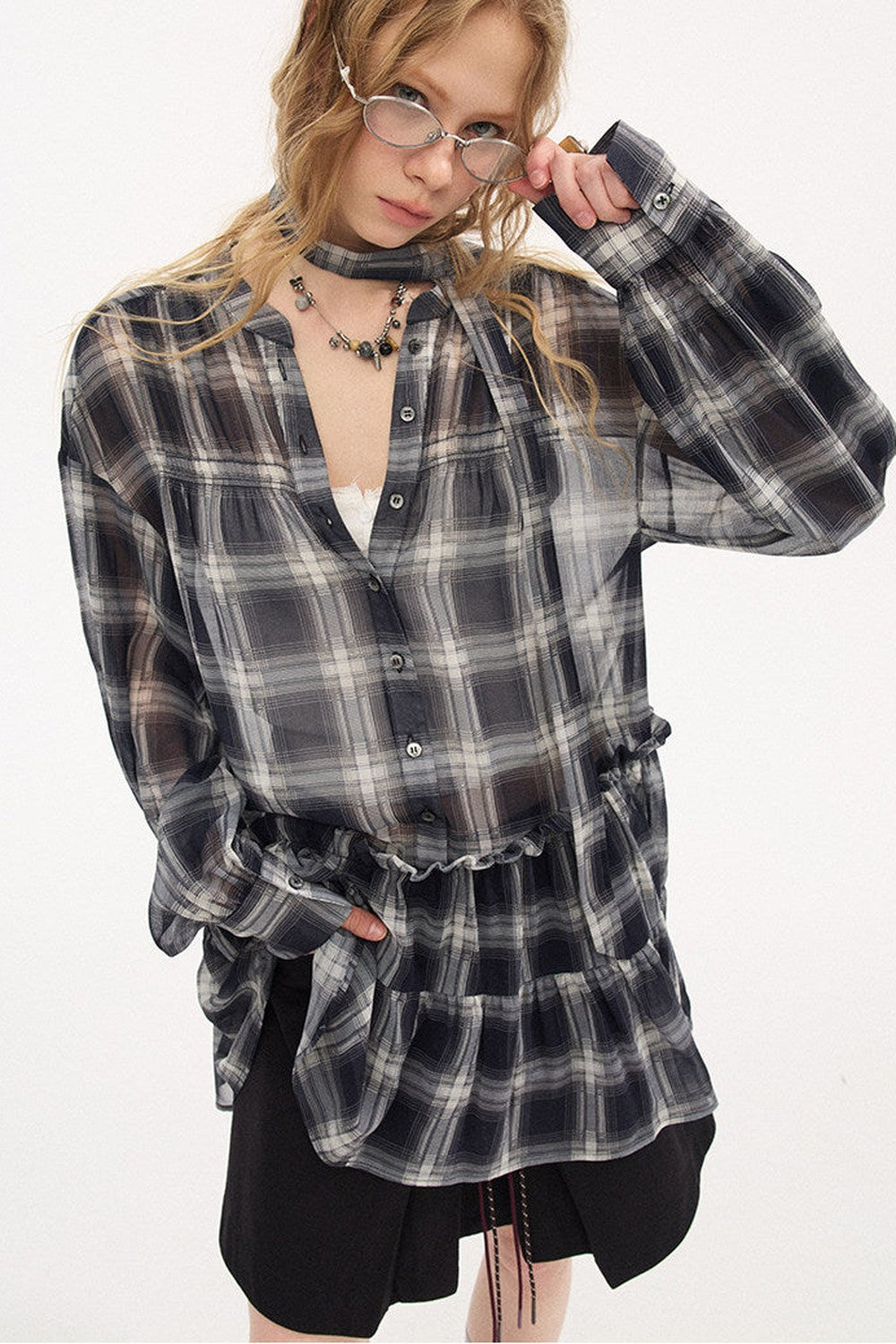 Drop Shoulder Plaid Blouse