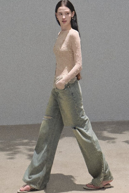 Silver Textured Knit Lace Top