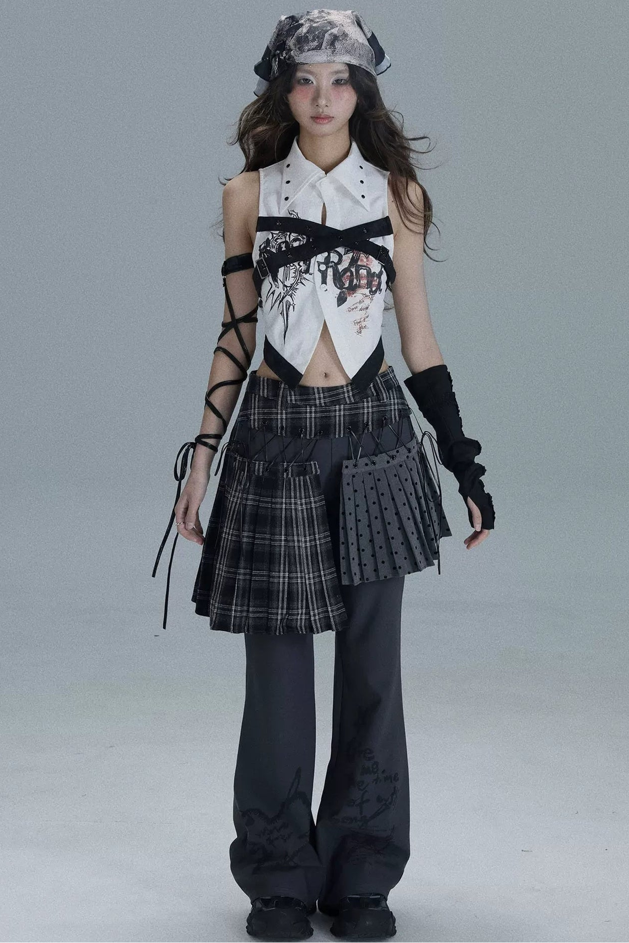 Layered Plaid Skirt Pants