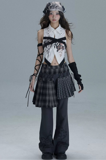 Layered Plaid Skirt Pants
