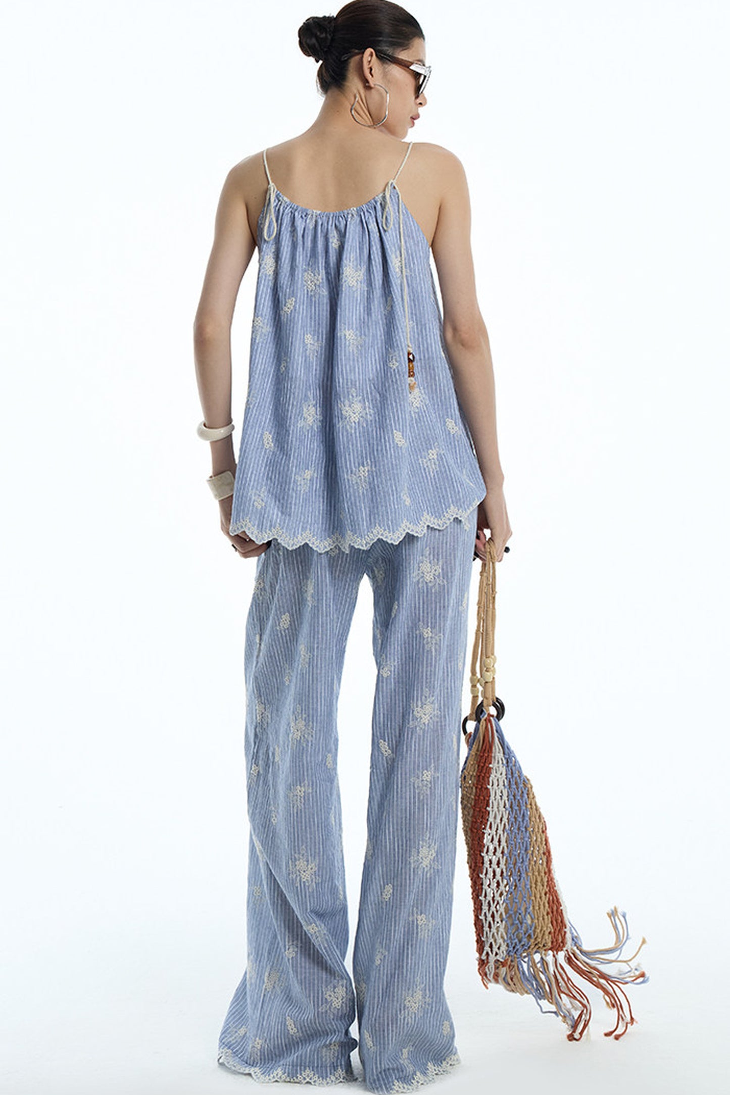 Gray-Blue Jacquard Halter Camisole and Shorts Set-Up