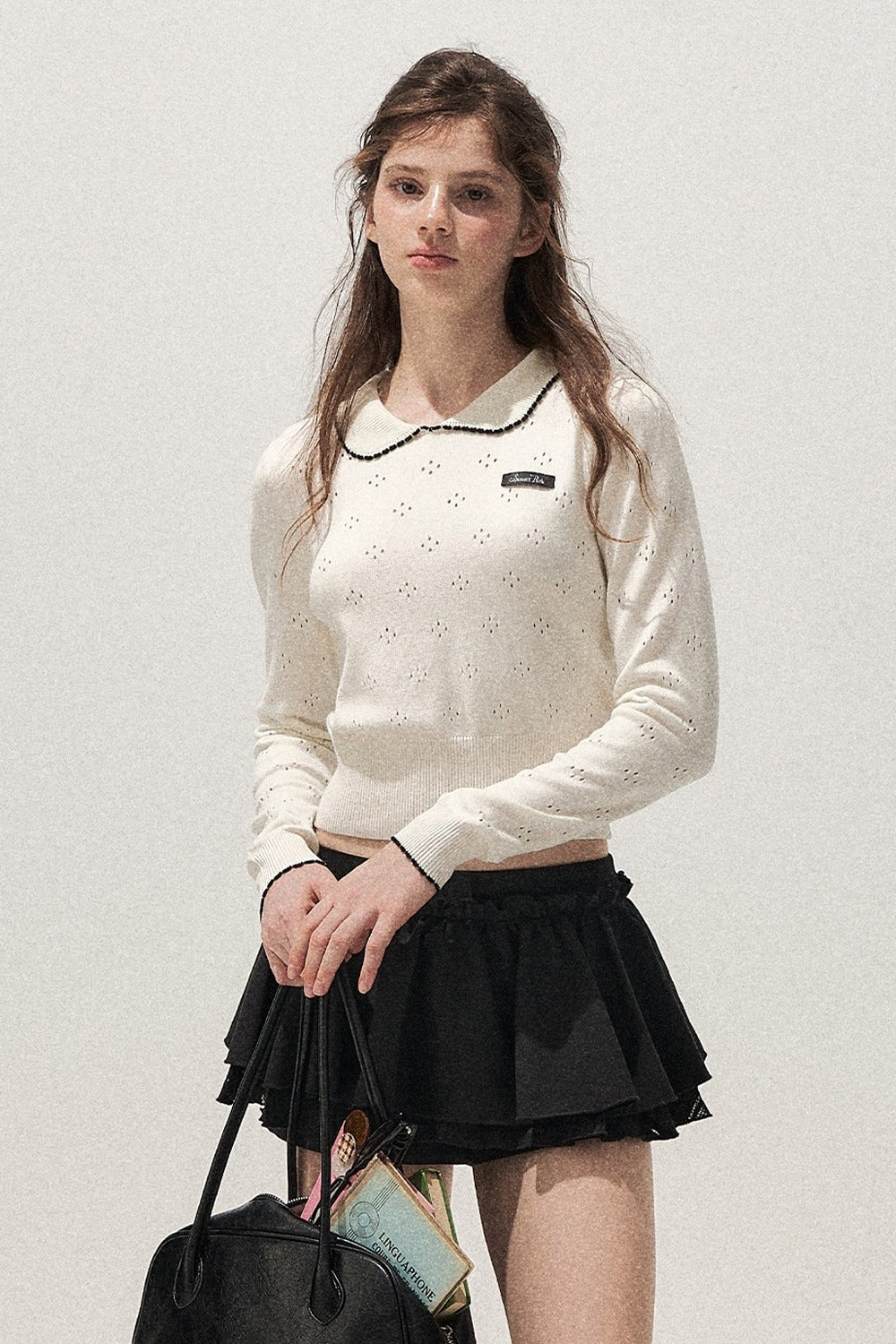 Collar Floral Hollow Knit Top