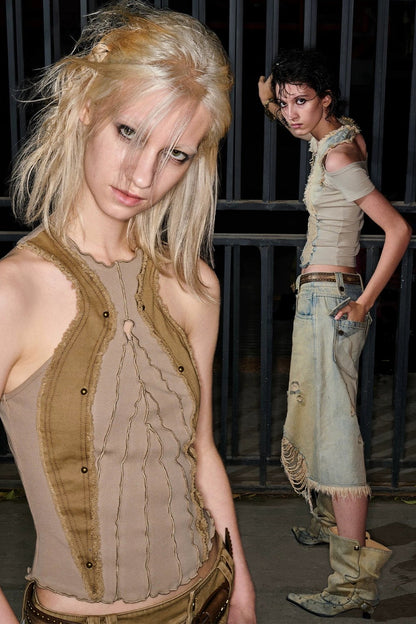 Washed Riveted Patchwork Vest