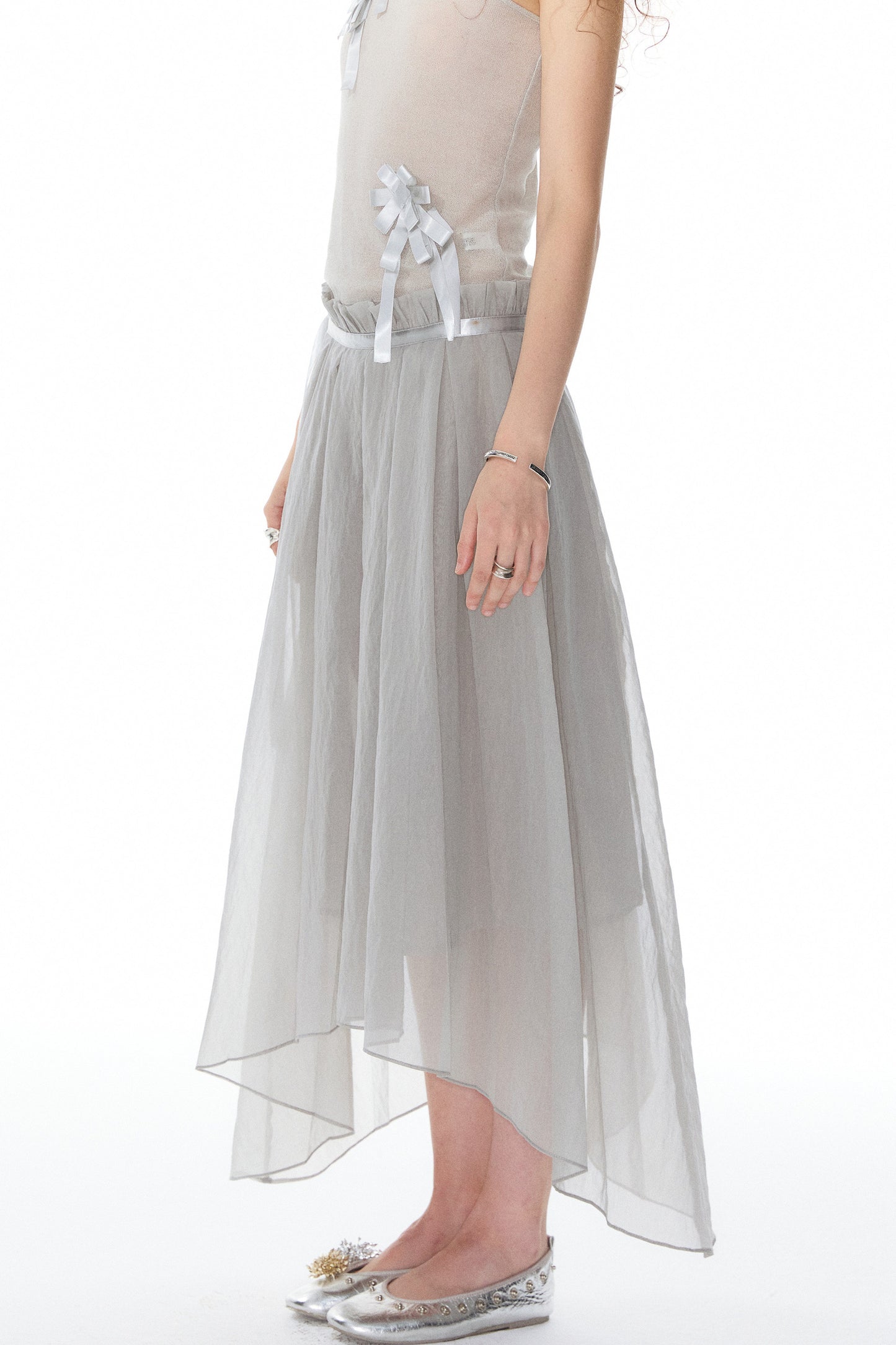 Satin Ribbon Knit Vest & Pleated Skirt Set
