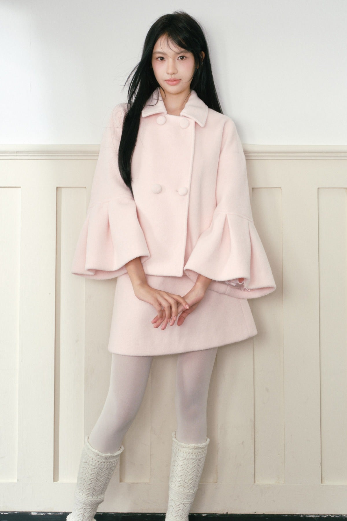 Completo cappotto e gonna in lana rosa