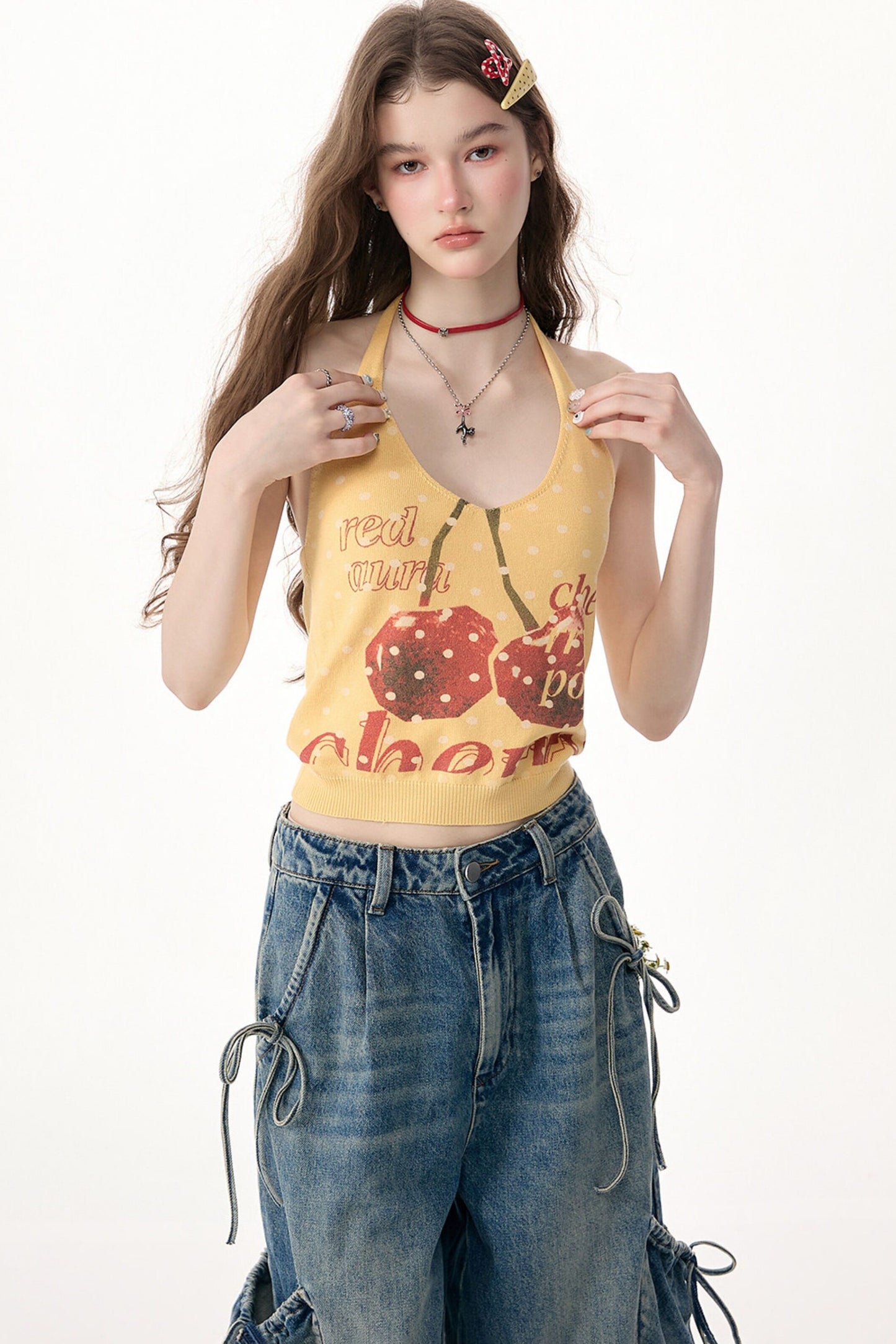 Yellow Cherry Print Knit Halter Top