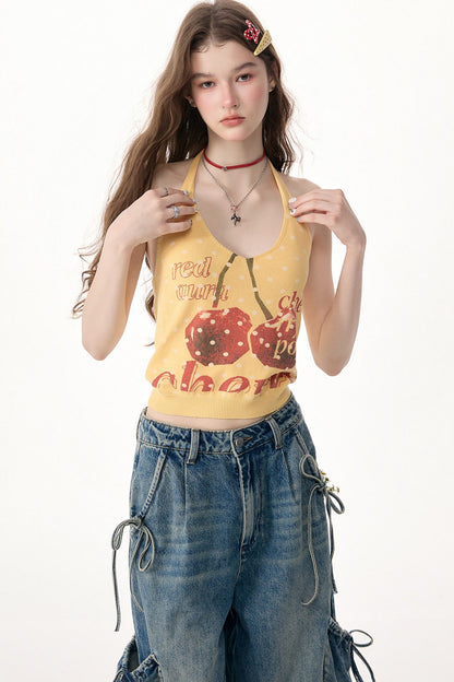 Yellow Cherry Print Knit Halter Top