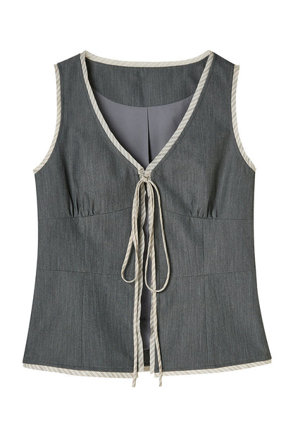 Gray Tie-Front Vest and Pleated Skirt Set-Up